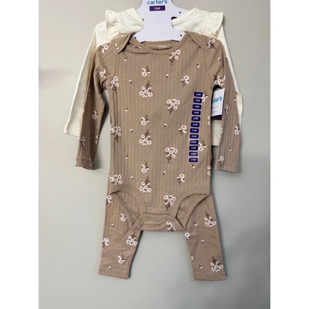 Carter's 3pc Bodysuit Pant Set Baby Girl NB Tan Floral Ribbed NWT